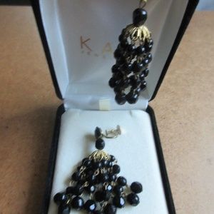 Antique West German Black Bead Dangle Screw Back